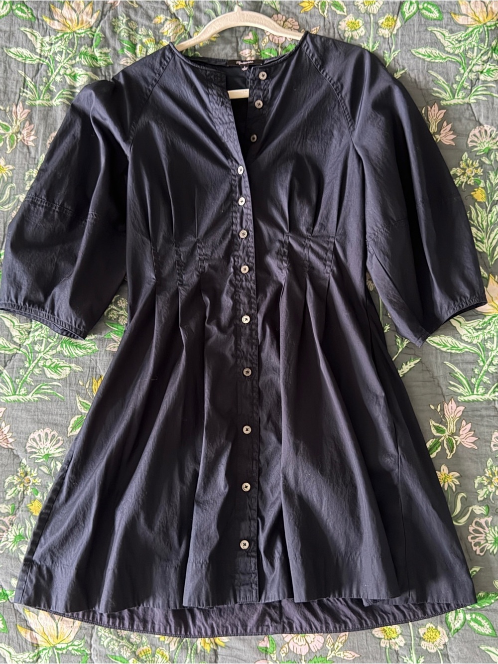 Madewell Sculptural-Sleeve Pleated Mini Dress | Navy | Size S